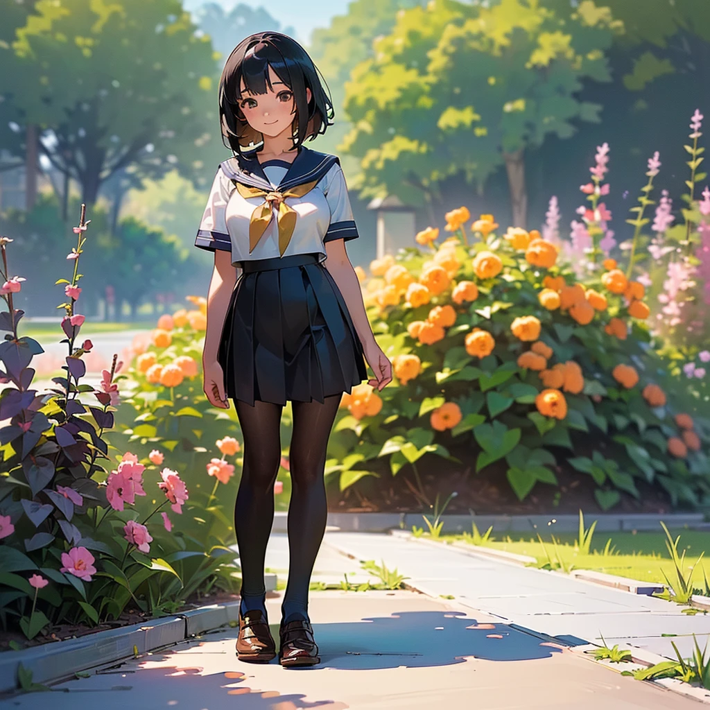 (Highest quality, High resolution, Super detailed, Realistic:1.37), Peaceful atmosphere, (Outdoor, garden), Teenage girl standing alone,(my breasts are big.),Beautifully detailed features, Cute Smile, ((Black bob hair)),Short-sleeved sailor uniform, Pleated skirt,Black tights,Brown leather shoes.