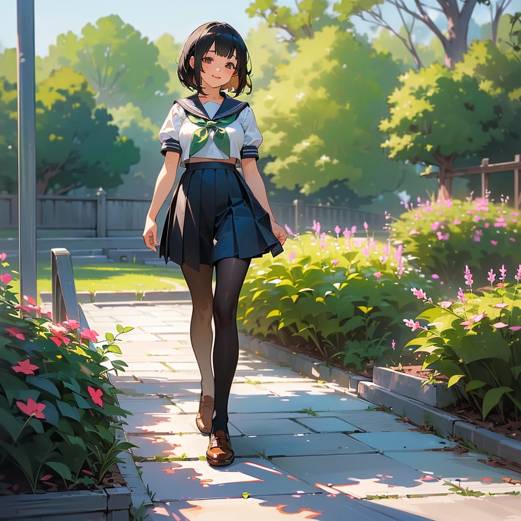 (Highest quality, High resolution, Super detailed, Realistic:1.37), Peaceful atmosphere, (Outdoor, garden), Teenage girl standing alone,(my breasts are big.),Beautifully detailed features, Cute Smile, ((Black bob hair)),Short-sleeved sailor uniform, Pleated skirt,Black tights,Brown leather shoes.