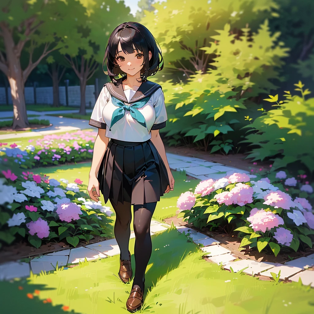 (Highest quality, High resolution, Super detailed, Realistic:1.37), Peaceful atmosphere, (Outdoor, garden),  girl standing alone,(my breasts are big.),Beautifully detailed features, Cute Smile, ((Black bob hair)),Short-sleeved sailor uniform, Pleated skirt,Black tights,Brown leather shoes.