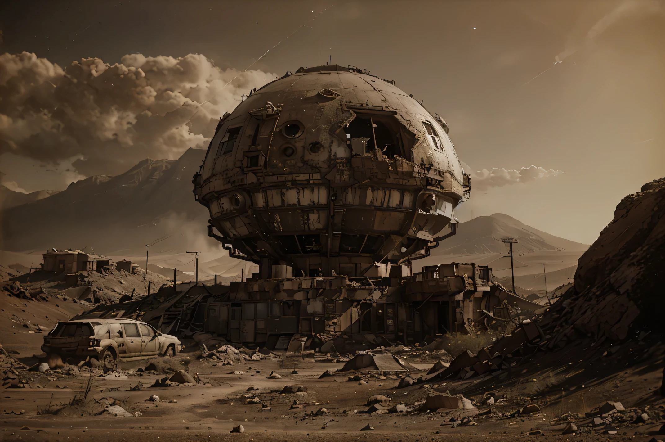 An abandoned space station on the barren surface of Mars, silently standing as a testament to humanity's once-thriving ambition to colonize the red planet. The station, a relic of the early 23rd century, is composed of a series of interconnected, geodesic domes, their once gleaming titanium exteriors now tarnished by a thick layer of rust-colored dust. The main dome, with its collapsed entrance, reveals a glimpse of the desolate interior where dormant machinery and skeletal structures cast long shadows in the dim light that filters through the cracks. The dusty, red landscape stretches out infinitely around the station, punctuated by a few lonely rocks and the distant silhouette of a dormant rover. The sky is a deep, burnt orange, with a faint dust storm approaching from the horizon, hinting at the harsh conditions that led to the evacuation. The image is suffused with a sense of isolation and the inevitable march of time, with the crimson dust slowly reclaiming the human artifact, while the solitary figure of a space-suited astronaut, frozen in the foreground, serves as a haunting reminder of the inhabitants who once called this place home.