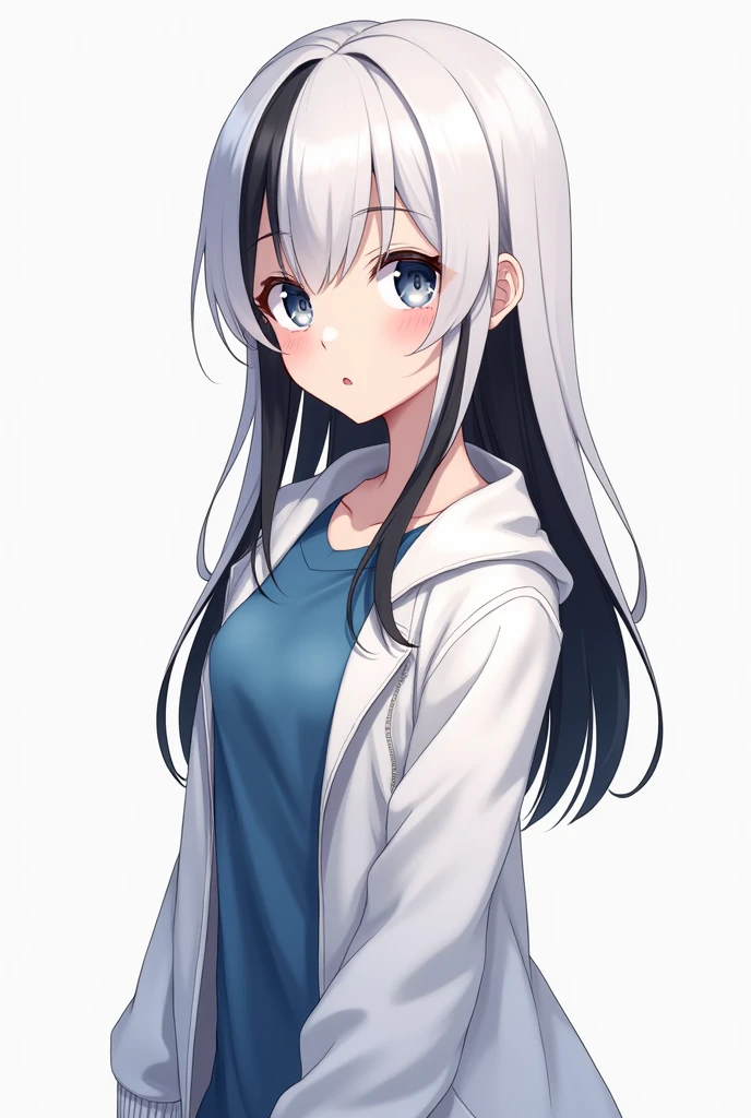 a white girl in anime style wearing a white jacket and blue shirt with white hair with black tip with black hair tips, with breasts and ass, short hair