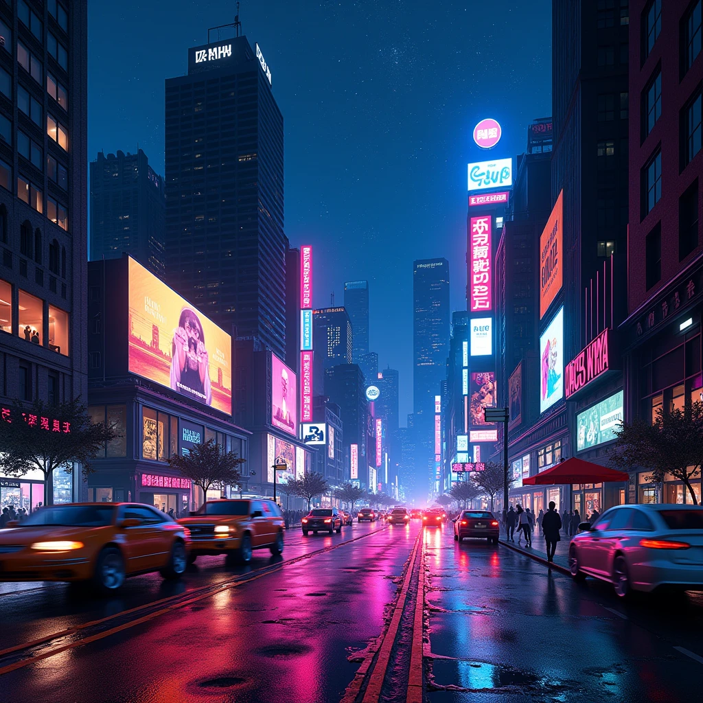 New York City, Night view, Ultra-high resolution,8k, Neon Town, Photorealistic, Colorful,Beautiful starry sky, Neon Light, Desertification
