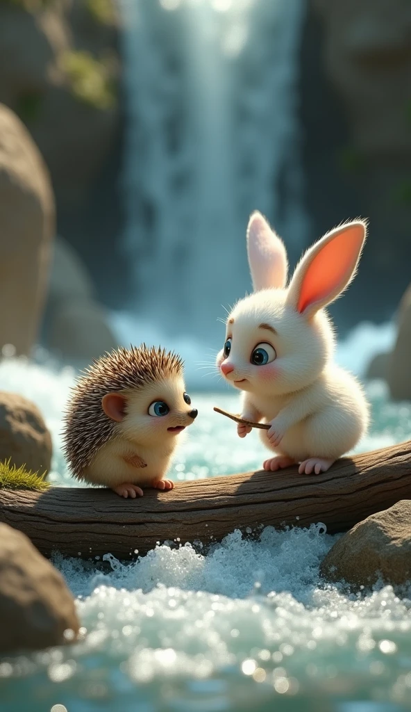 A very big river is flowing. There is a river and big stones in the background. There is a small hedgehog baby inside the river. The hedgehog's face expression looks shocked. There is a log lying on the river. A small rabbit baby is standing on the log. The rabbit is white in colour and the rabbit has small ears. The rabbit's hair is like feather. The rabbit's face expression is shocked. The rabbit and the hedgehog are looking at each other. The rabbit is holding a stick of the hedgehog inside the river in its hand so that the hedgehog can come out.image in 3d animation