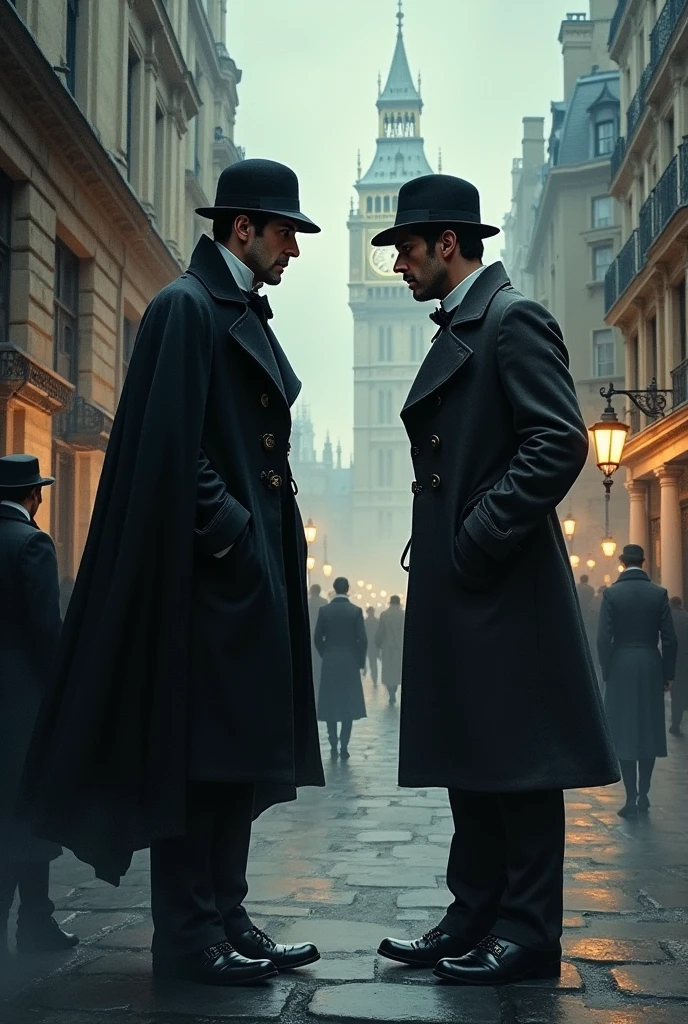 Create an illustration of Sherlock Holmes and Watson, According to Arthur Conan Doyle&#39;s descriptions in the book "The Adventures of Sherlock Holmes"