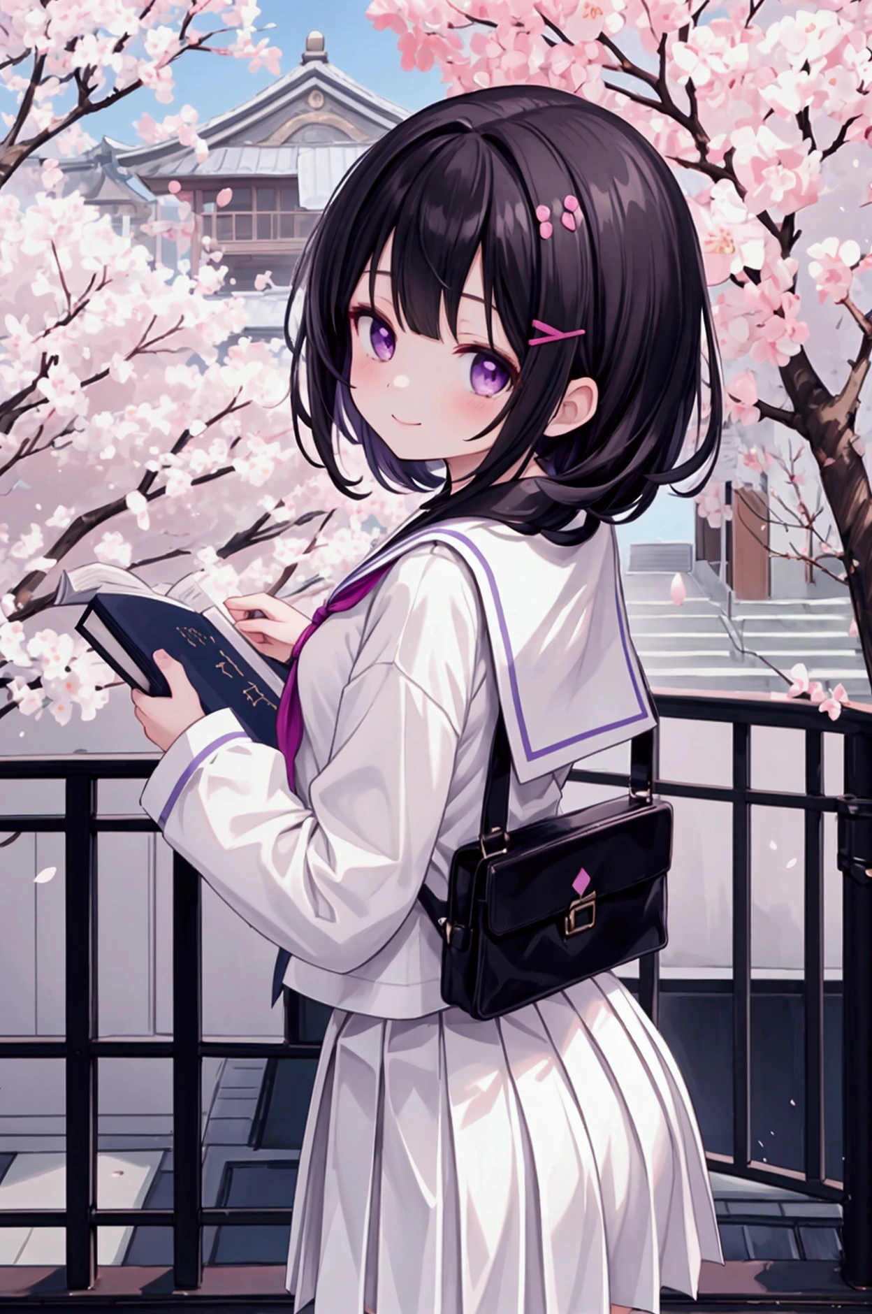 score_9, score_8_up, score_7_up, score_6_up, score_5_up, score_4_up, source_anime, aatomoyo, medium hair, black hair, hair clip, parted bangs, purple eyes, small breasts, serafuku, white sailor collar, white scarf, black shirt, long sleeves, pleated skirt, white skirt, with book in hands, from behind, leaning forward, standing, outdoors, cherry blossoms, smile, from behind, showing butt, looking at viewer