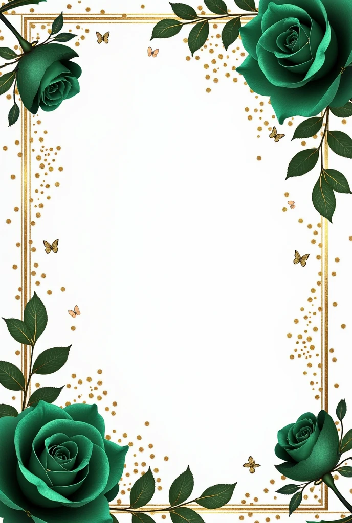 Hermosas rosas Emerald green en fondo blanco, in the 4 corners. Golden details intertwined with roses., including leaves, Stylized tendrils and butterflies contrast with roses and gold elements Symmetrical design with roses and gold elements forming a decorative border Small shiny dots scattered throughout to give a luxurious magical effect, Elegant and sophisticated color palette.: Emerald green, Dark green and gold visual effect: Bright and luxurious, As a high-end decoration The result should evoke a feeling of opulence and refinement