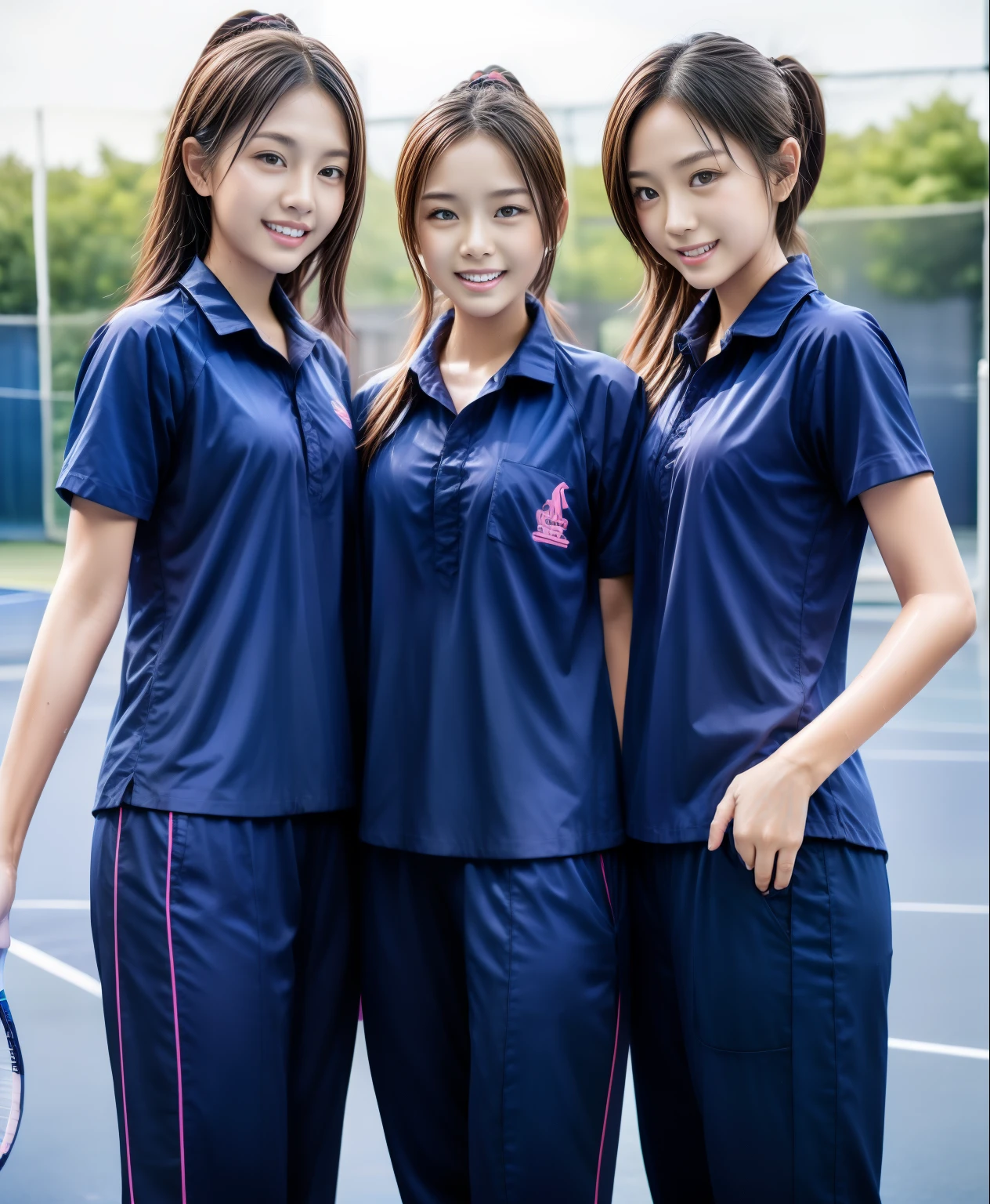 3 girls play tennis at tennis courts, Navy blue short-sleeved shirt,Navy Long Trackpant,Sweatpants, Sweatpantsขายาว,2 girl, lesbian, sexy, exercise clothes, wet body, exercise clothes