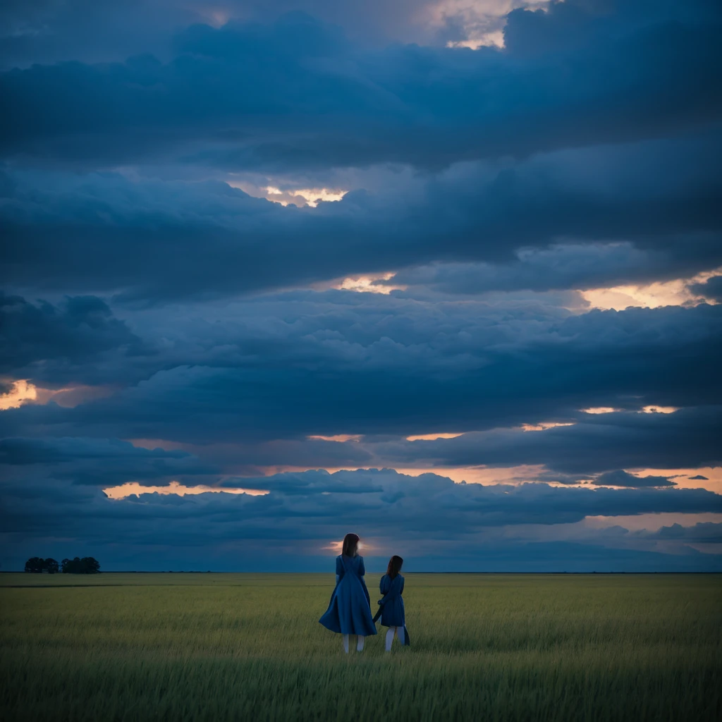 "Two figures stand in a vast, open field, gazing up at the sky. The sky is a brilliant shade of blue, filled with dramatic, towering clouds that stretch out endlessly. The light from the sky creates a soft glow on the figures and the grass, giving the scene a surreal and peaceful atmosphere. The mood is reflective and calm, with a strong sense of space and freedom."