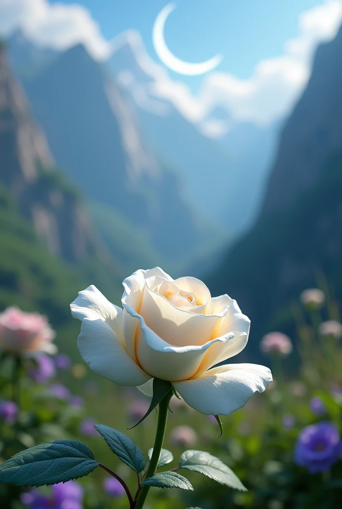 national coat of arms of a country called monteluna its center, with an extensive mountain range in the background, covered in vibrant green and violet flowers that stretch towards the sky. The crescent moon acts as a central element, casting a soft glow over the green landscape. Spotlight, a delicate white rose with intricate detailing and a slightly wilted effect, which emanates a subtle but lively and welcoming atmosphere. The entire scene exudes a sense of natural beauty and invites the viewer to explore a world where the enchanting moon and vibrant floral background come together in a truly captivating display..