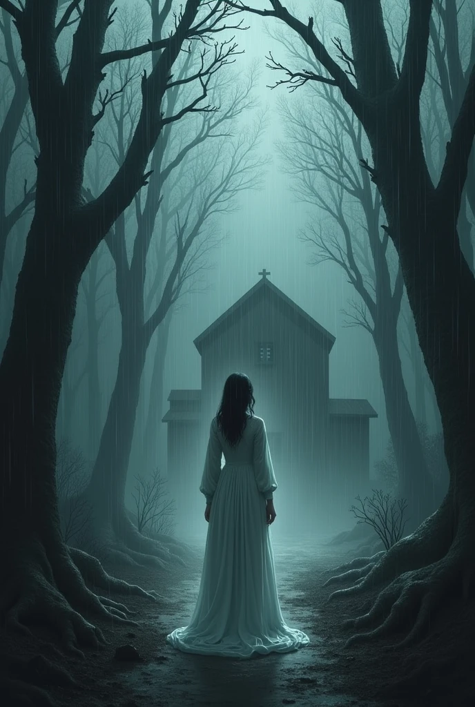 a woman in white standing in the rain looking at a house in the middle of the night amidst the trees of a forest, she needs to be scary and