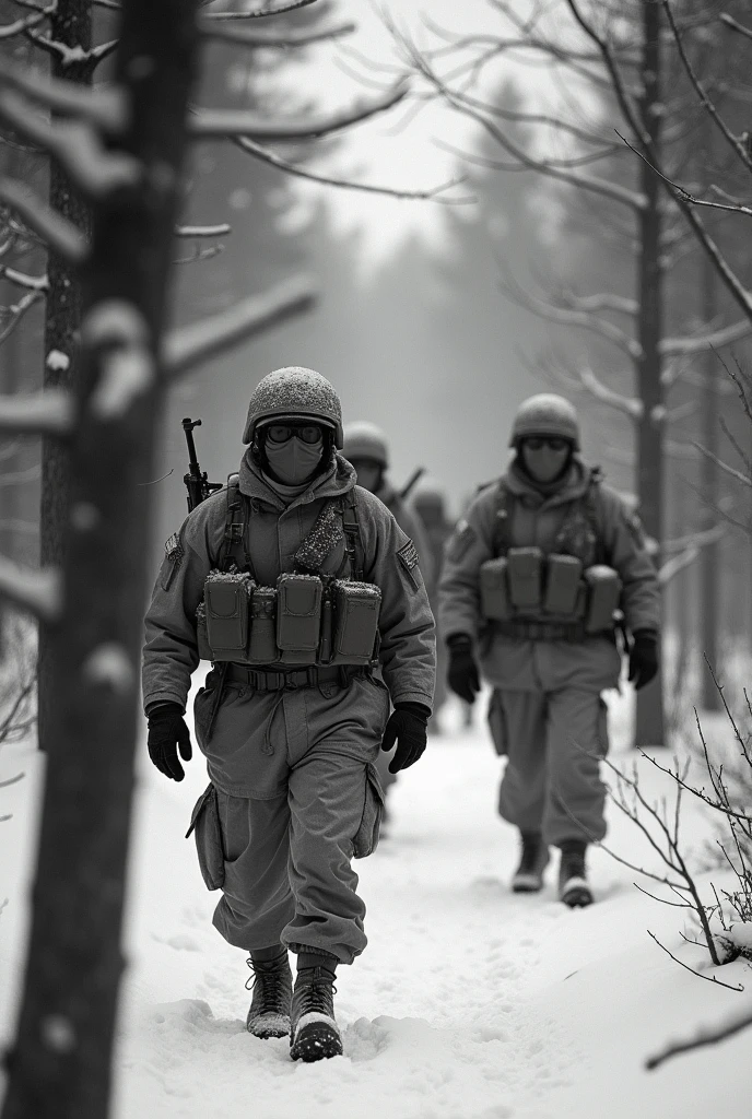 make a photography side view horizon among the trees, photography among the trees, sneakily, the soldiers are far away, photograph of soldiers behind trees/conifers being mobilized sneakly, in snow suits, winter glasses, masked and wearing helmets, bad quality, sneakily view, 1950s, black and white, sneakily photo, photography among the trees, photography among the trees, sneakily, the soldiers are far away, side view horizon