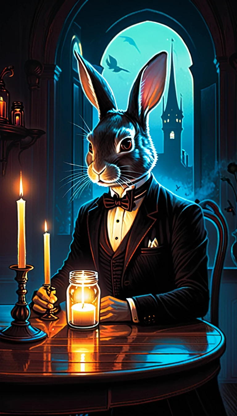 illustration of a rabbit sitting at a table with a candle and a jar, in style of dark fantasy art, dan mumford tom bagshaw, dark fantasy style art, dark fantasy illustration, cyril rolando and goro fujita, by Cyril Rolando, detailed digital 2d fantasy art, an ominous fantasy illustration, fantasy dark art, inspired by Cyril Rolando