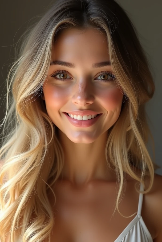Very realistic young woman, Caucasian skin, long dark blonde hair, plump, pink lips, eyes browns. His expression is gentle, her smile is adorable and has dimples in her cheeks. 