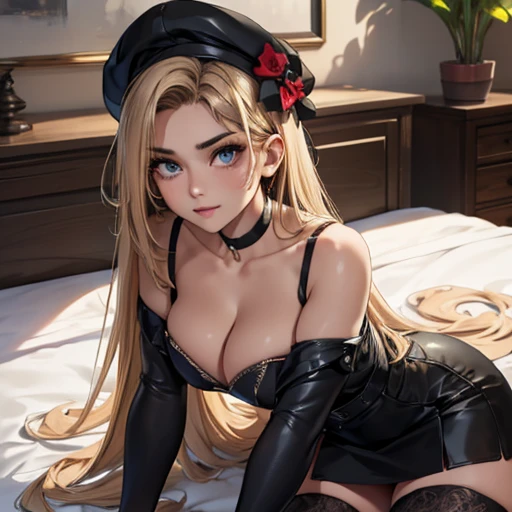 lying face down on the bed, (masterpiece, best quality:1.4), absurdres, highres, ultra detailed, beautiful, (secretary), (perfect face, detailed face, beautiful:1.3),(natural breasts, cleavage), collarbone, fingerless gloves, gloves,spaghetti strap top, black pencil skirt, tight, over the knee skirt, hat, elegant secretary outfit, thighhighs, thick thighs, thighs, multiple belts, More detailed 8K.motor irreal:1.4,UHD,La mejor calidad:1.4, fotorrealista:1.4, textura de la piel:1.4, obra maestra:1.8,obra-prima, mejor calidad,objeto Objeto], (detailed face features:1.3),(manos detailed)