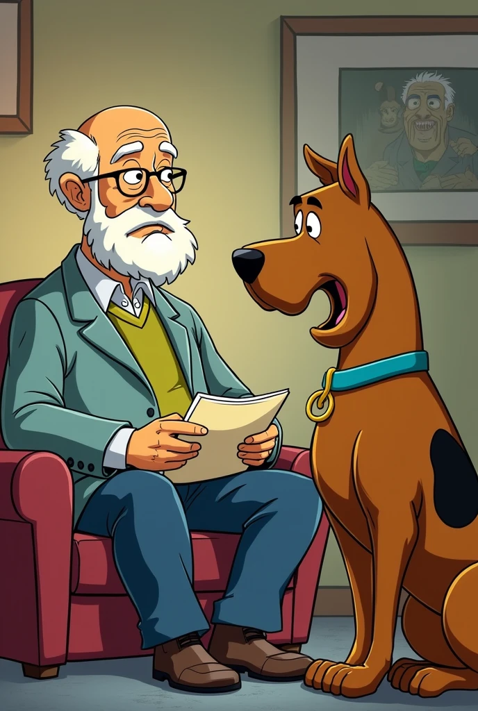 Fritz Perls, psychiatrist, slightly chubby, bald with white hair only on the sides, white bearded, bushy eyebrows, doesn't wear glasses,, has some wrinkles. drawing version (in the style of drawing/animation "scooby doo"), he is talking to scooby and shaggy in therapy