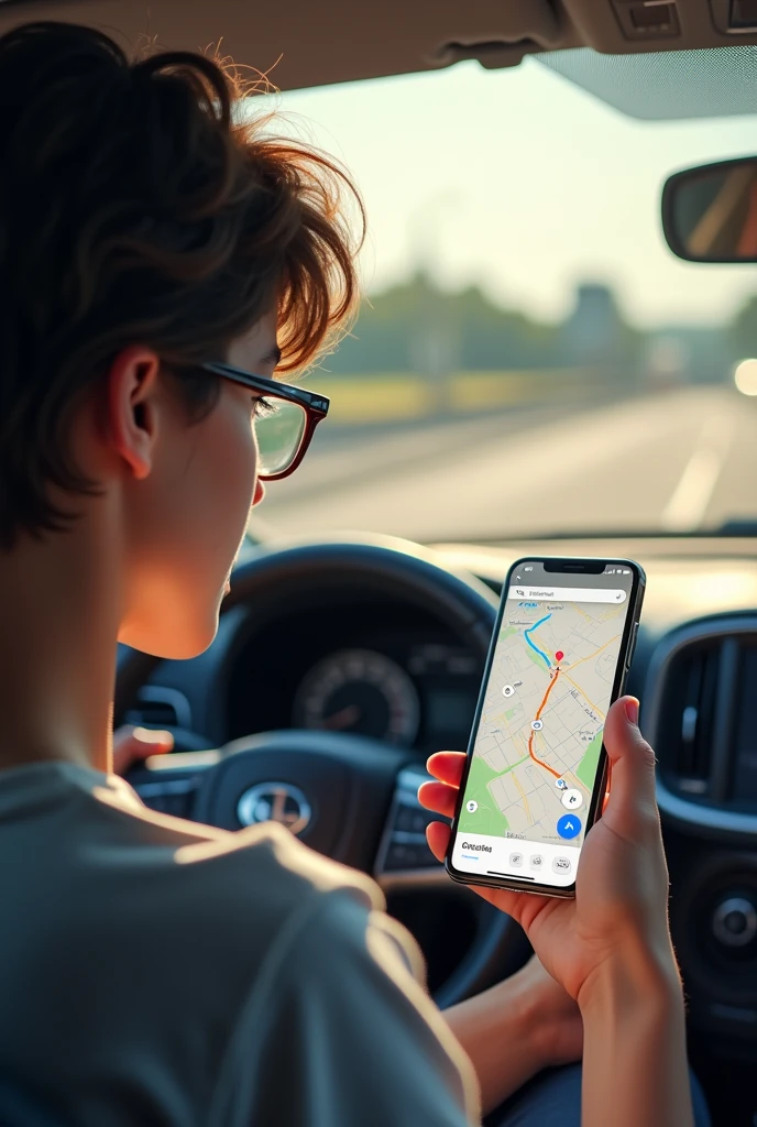 Teenager with glasses and broken hair using smartphone on car dashboard, showing Google Maps with a route marked in green and some traffic alerts in red. The environment reflects a sunny day, with the steering wheel visible and the car moving on a road.