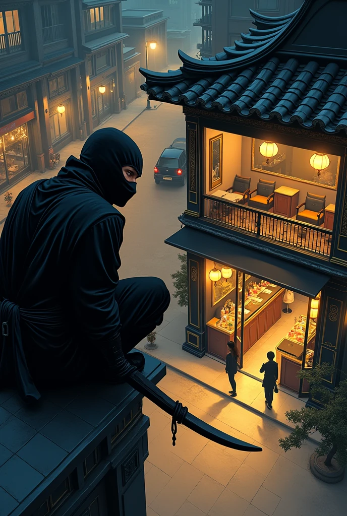 Master Piece, best quality, (extremely detailed CG unity 8k wallpaper), (best quality) 8k detail. COMIC ART, CLOSE UP ON a dark ninja (we are looking down over his shoulder) crouching on a street light from 30 feet above, ninja is looking down to the front of an Asian nail salon from above the sidewalk, The building as gold accents surrounded by glass and black marble. the front door is in the center of the block. it is night time lights come from above, lights come from street lights. there are no people walking on the block since it is 3am. Two beautiful Asian women in red long dresses stand by the doorway with open arms and smiling.