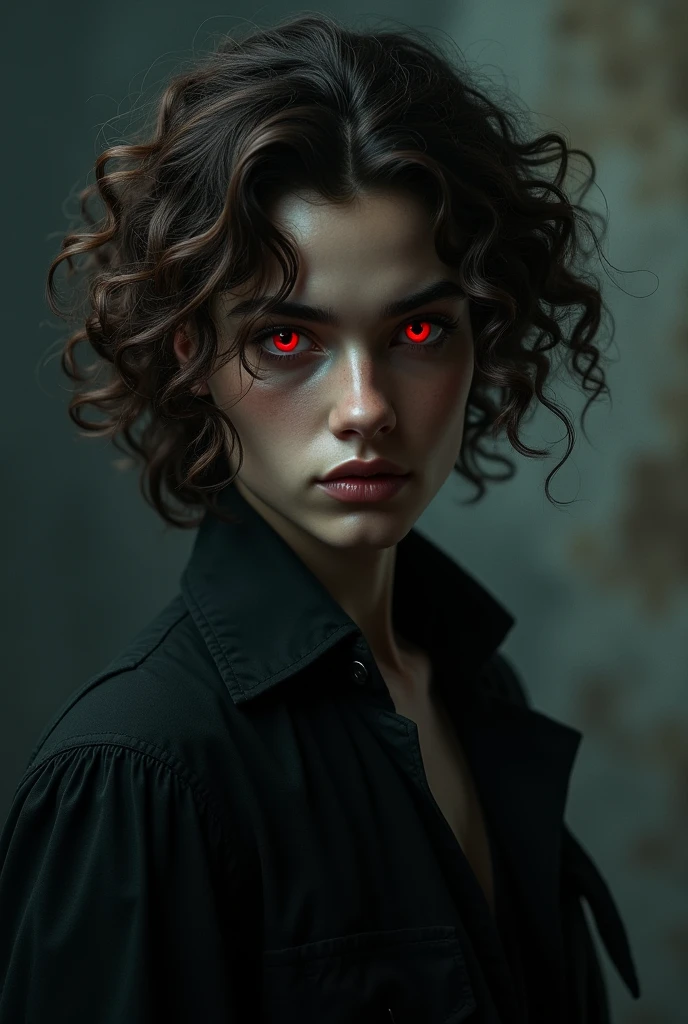 A vampire with curly brown hair and black eyes and red pupils, white and tall he has to be thin and a teenager of Brazilian ethnicity with black eyes and very curly hair