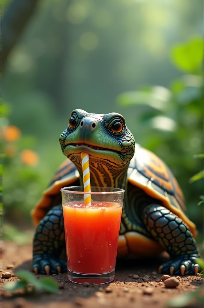 A turtle drinking juice through a straw 