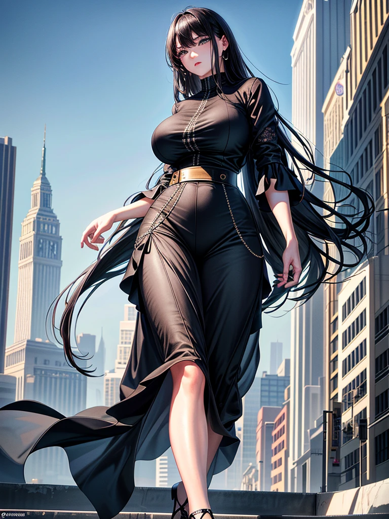 (Masterpiece、Ultra-high resolution、Detailed expression、Beautiful depiction、8k、Highest quality、Artwork:1.2)、(Giant:1.4)、Beauty、whole body、Beautifully detailed face、Over the city、A towering presence、Black Hair、Casual wear、Casual attire、skyscraper