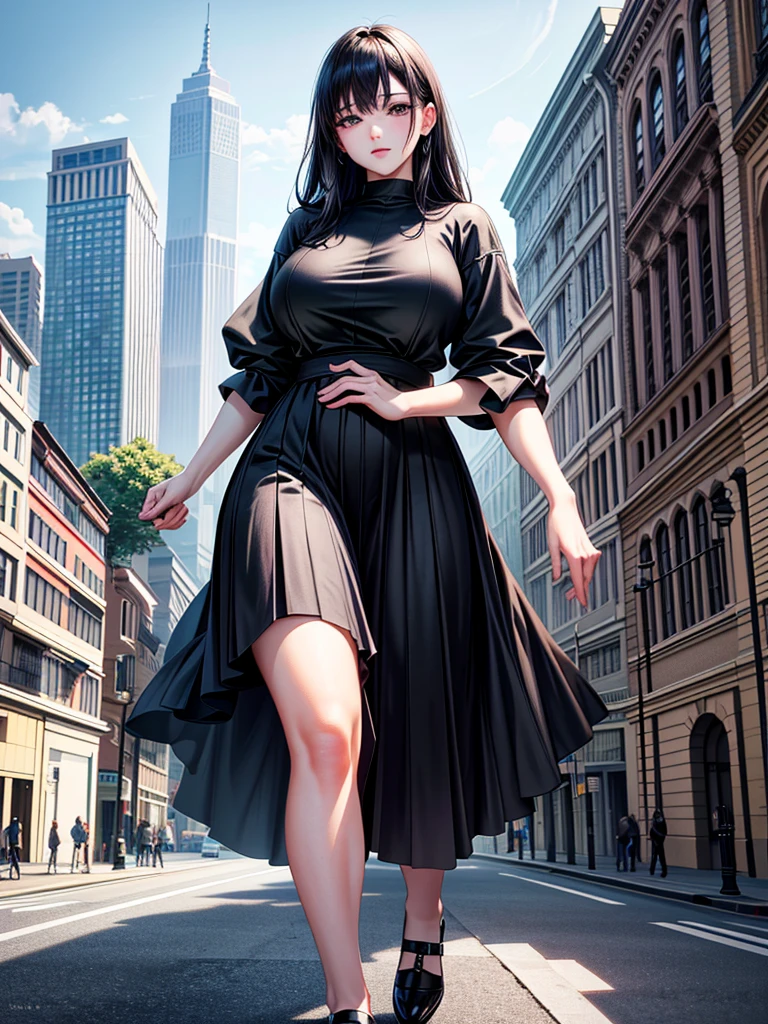 Huge，adolescent，black fur，divide white, sarcastic smile，joke，A giant girl taller than a building., bare legs, bare feet, Barefoot，destroying the city，miniature city，Standing in the city