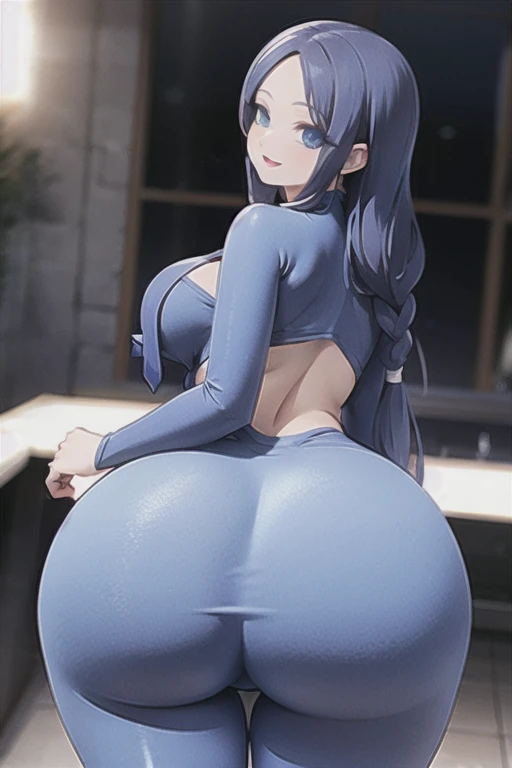 wide hips, from behind, huge ass, looking back, looking at viewer, blue one piece spandex suit, tied hair, large breasts, smile, lips, blue eyes