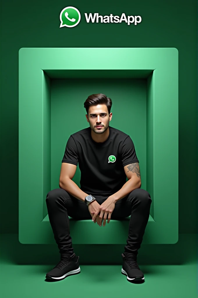 realistic photo,handsome man has. 20 years old wearing a black shirt with the WhatsApp logo saying Achyr official.wearing black pants black Jordan shoes. WhatsApp background.sitting in a rectangular box with the WhatsApp logo. WhatsApp background. 3d realistic.