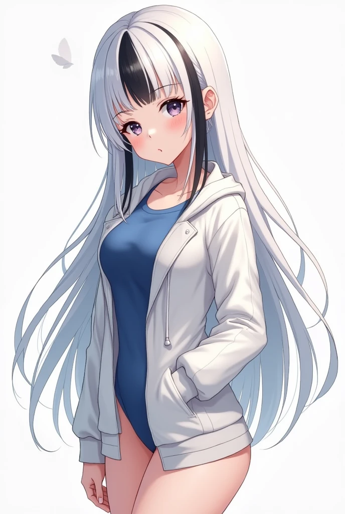 a white girl in anime style wearing a white jacket and blue shirt with white hair with black tip with black hair tips, with breasts and ass, short hair