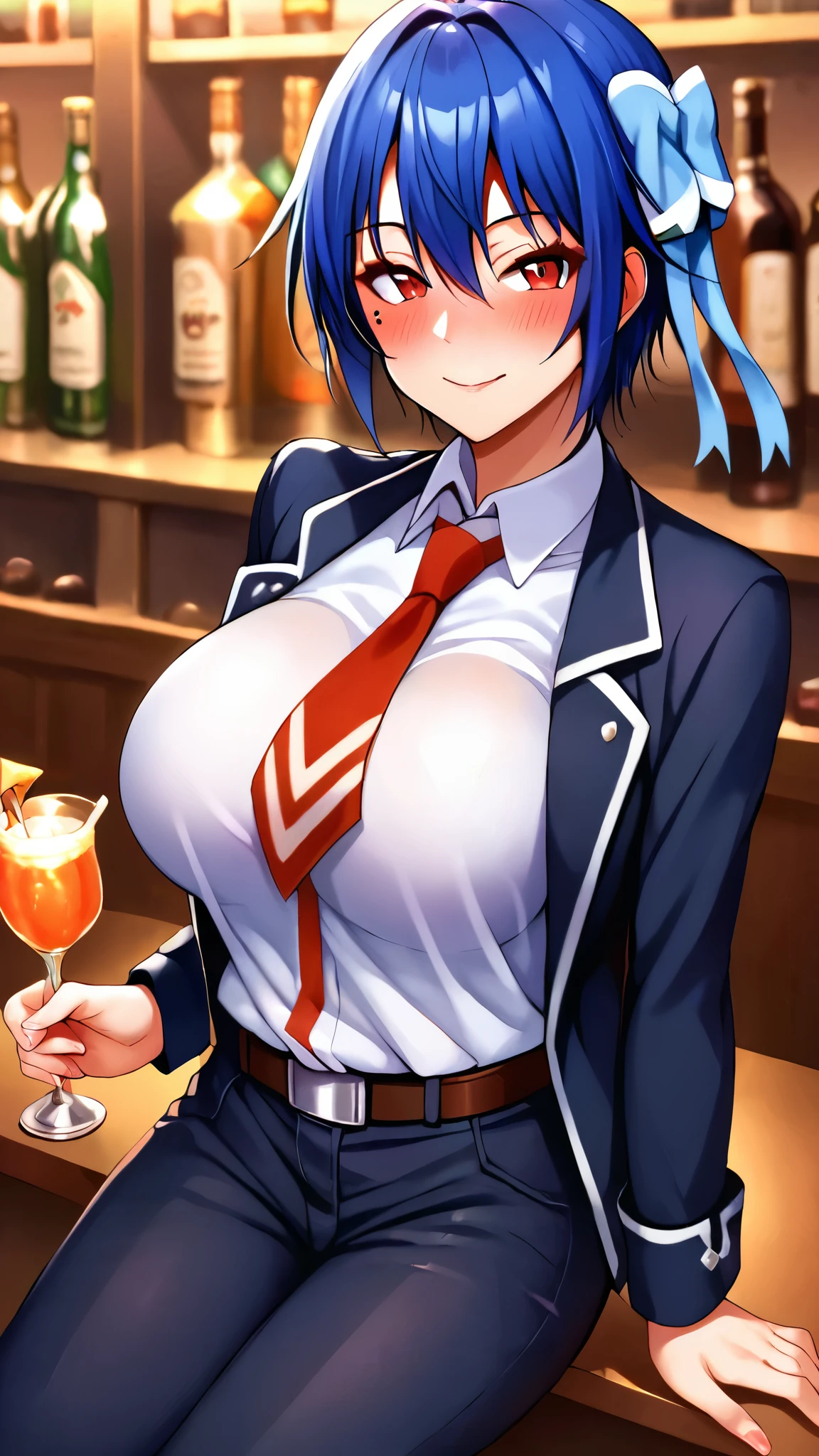 score_9, score_8_wonderful, score_7_wonderful, score_6_wonderful, sauce_anime, 1 person, solo BREAK tsugumi seishirou, Mole under the eye, Blue Hair, short hair, Hair Ribbon, Black jacket, White shirt, Collared shirt, Red tie, belt, Black Pants, large breasts, blush, bar counter, Cocktail, Cocktailグラス, get drunk