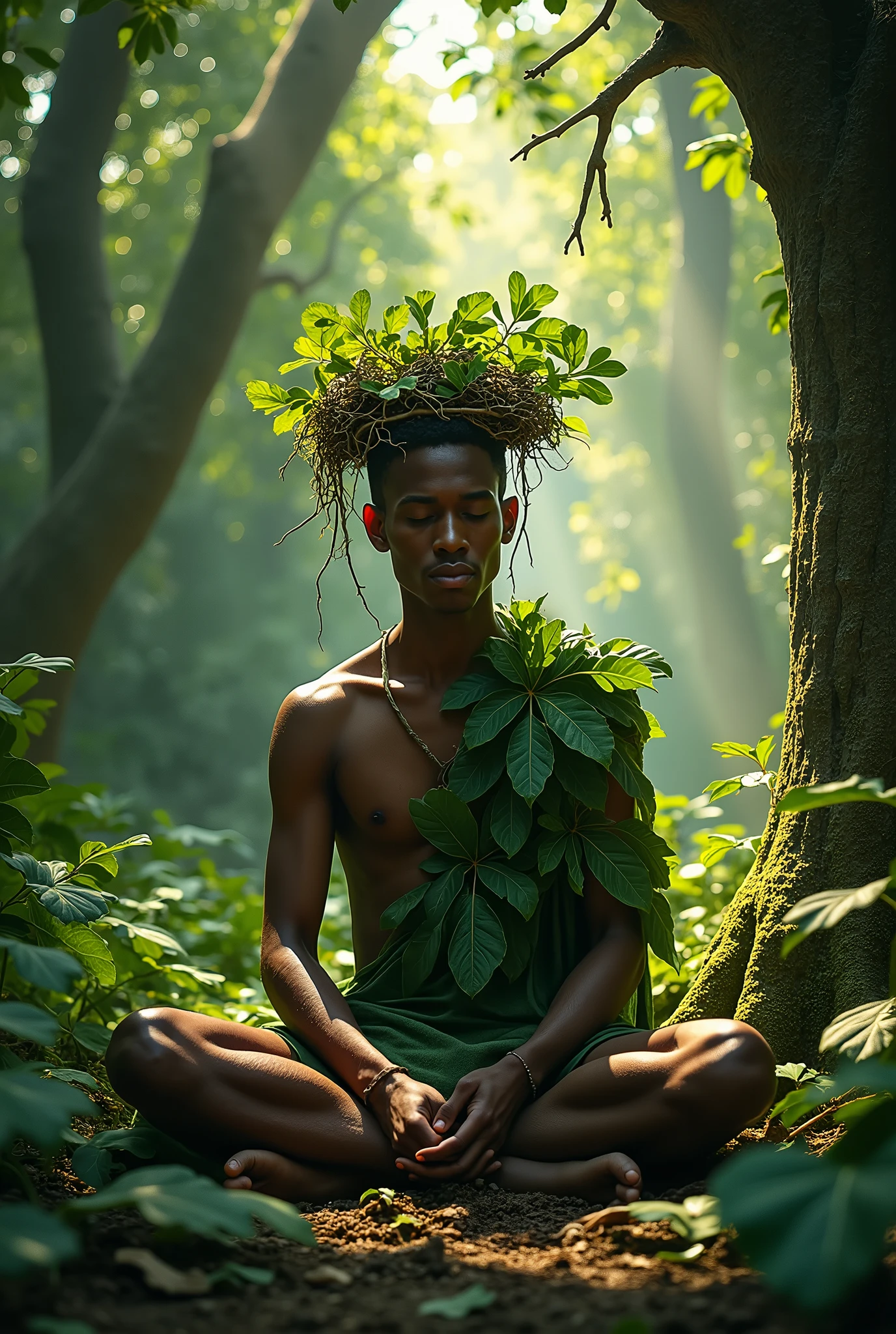 Adult bald skinny man of African ethnicity, wearing a garment made of green leaves and a turban made of leaves and roots sitting at the foot of a fig tree in the middle of the dense forest. the sun's rays leak through the leaves of the tallest trees and around the man leaves fly as if he were the center of a whirlwind.