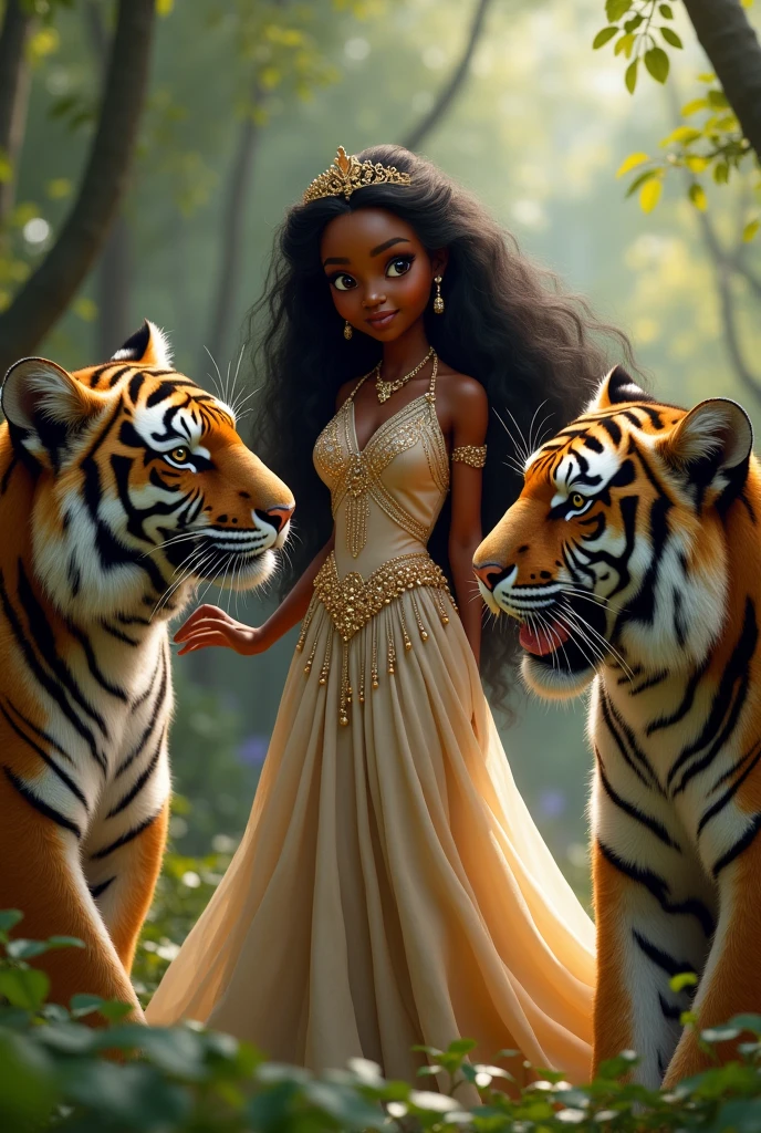 A black princess girl playing with tigers