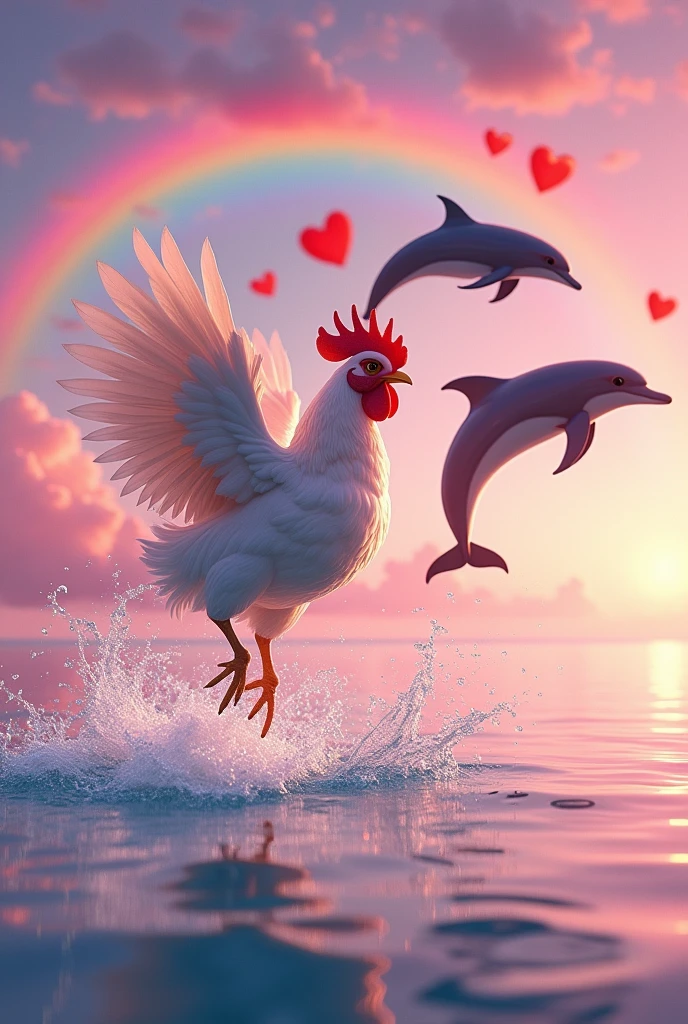 

A chicken jumping in the air but seen from the side and the dolphins are also jumping in the air with the pink sky and the sea and with a rainbow and hearts