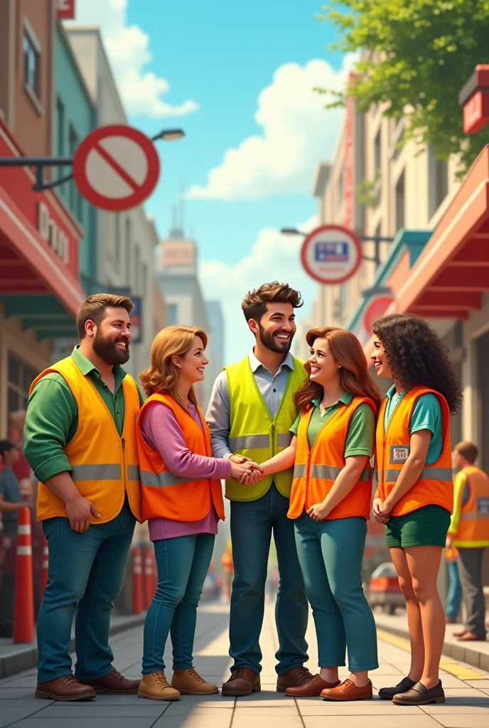 Men and women standing together happily with parking signs and wearing orange and green safety vests with cartoon theme