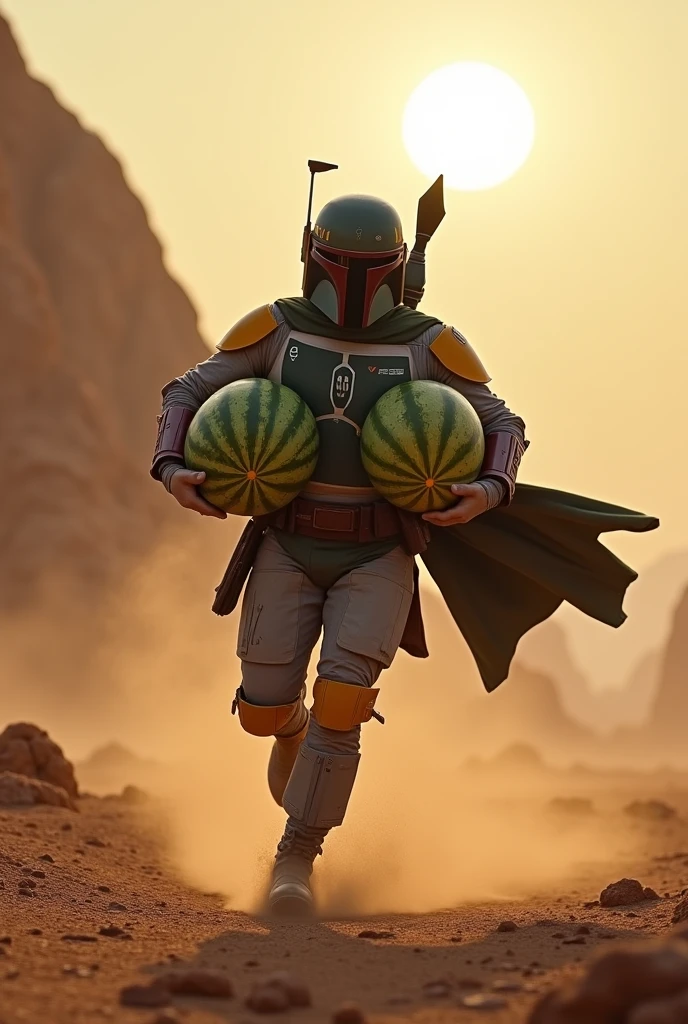 Boba Fett runs away with watermelons in his arms、Star Wars、movie、Mandaean