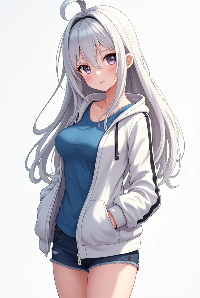 a white girl in anime style wearing a white jacket and blue shirt with white hair with black tip with black hair tips, with breasts and ass, short hair  