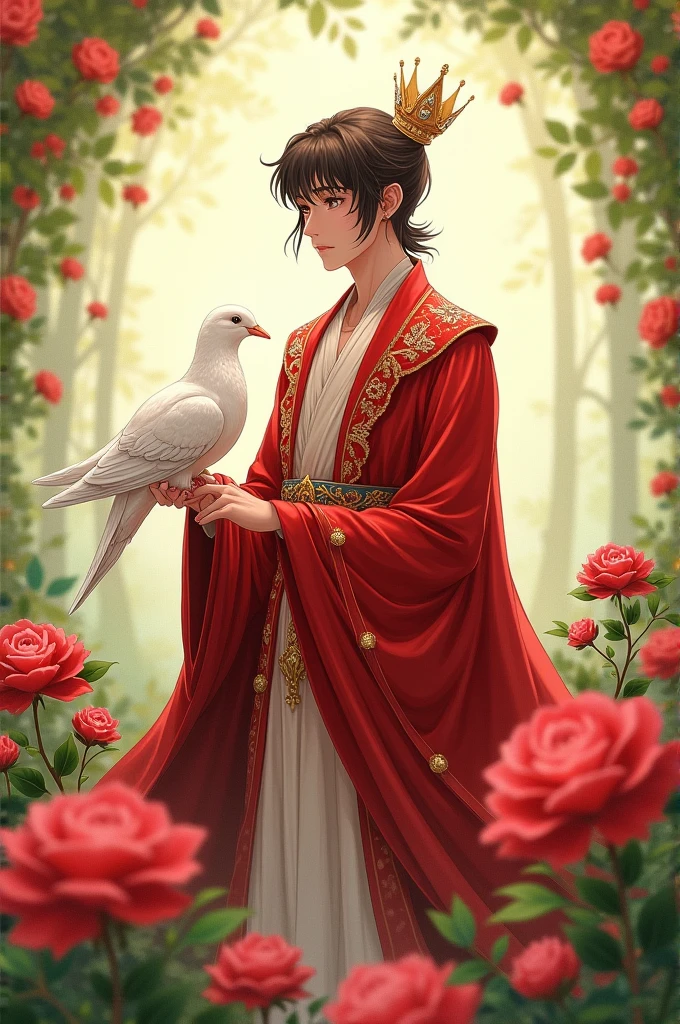 (anime) Create the prince of plants Expression sweet dressed in red and accompanied by his pet a white dove