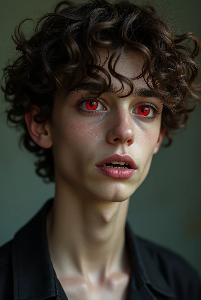 A vampire with curly brown hair and black eyes and red pupils, white and tall he has to be thin and a teenager of Brazilian ethnicity with black eyes and very curly hair Show his fangs
