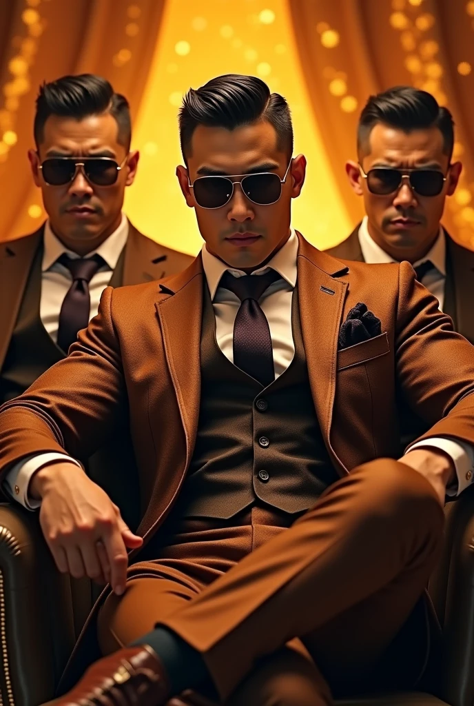 Brutal, 3 handsome man, sunglasses, "shiny brown suit ", wear white shirt,  very shiny brown pants, dark brown waistcoat, Dad sat on luxury sofa,k hd,in the office,"big muscle", crew cut black hair,asia face,masculine,strong man,the boss is,handsome, lecherous dad,look straight ahead,dad is handsome, full of gold and bank notes, orange background, orange atmosphere