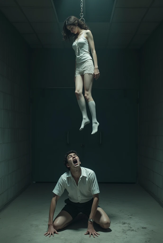 Scene of female student wearing white thigh high socks hanging herself to death ,hovering in the air , a man sitting on the ground in panic