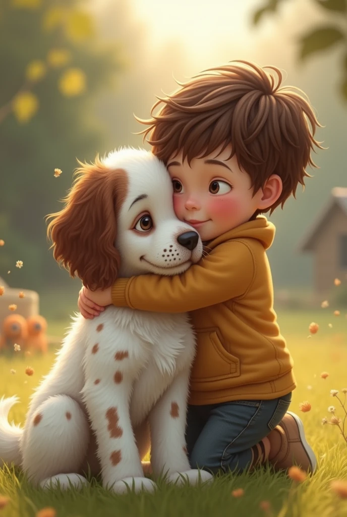  boy hugging an adult white Cooker breed dog with brown spots