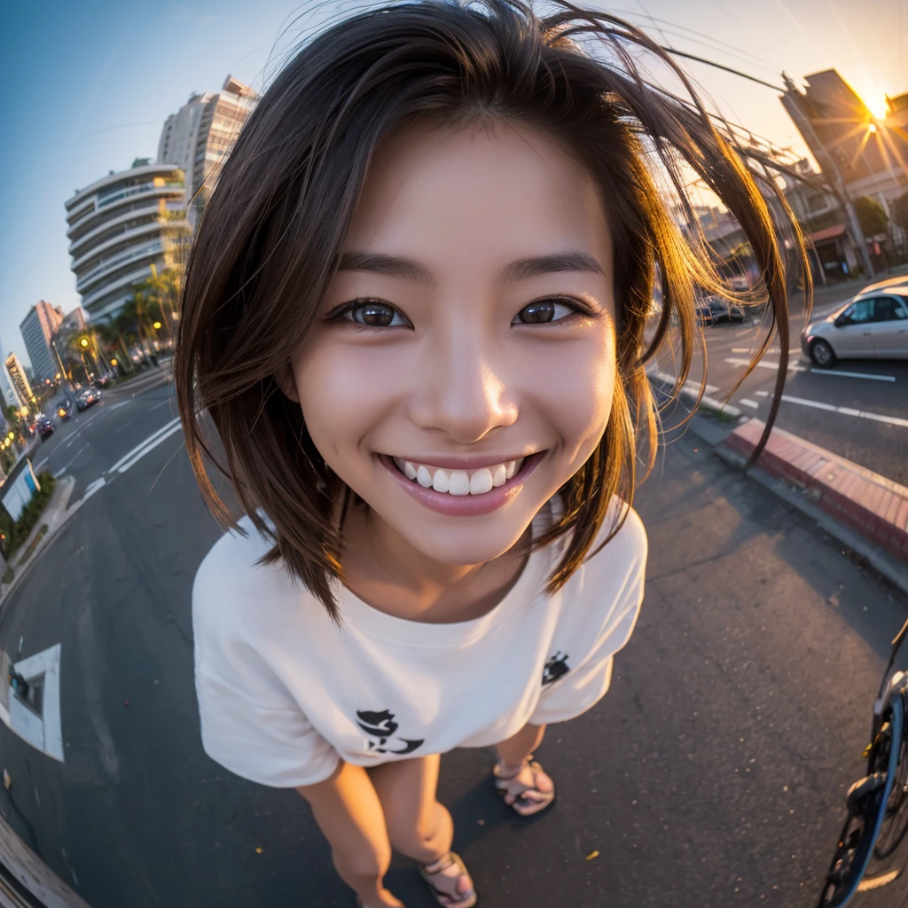 One girl, ((Fisheye, Self Snap)), wind, Dirty hair, sunset, Streetscape, (Aesthetics and atmosphere:1.2),Beautiful woman with smile、、ultra HD、Japanese、One woman around 20 years old、Brown Hair、smile、((Smiling with white teeth))、