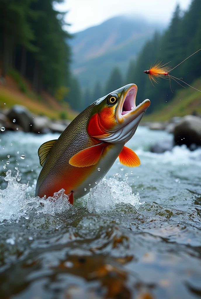 Professional photos, The fly landed on the water, Yamame trout biting from underwater, dynamic motion, Clear Japanese mountain streams, (Fly Fishing), me