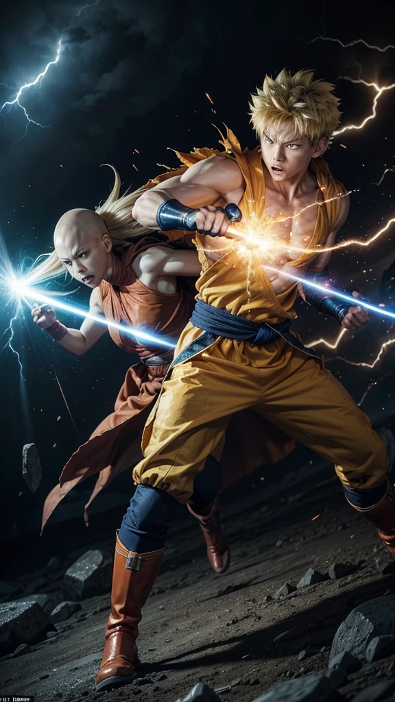An intense battle scene between Goku and Saitama, showcasing the clash of their incredible powers. Goku is in his Super Saiyan Blue form, his spiky hair glowing with a vibrant blue aura, and his eyes are focused with determination. His muscular physique is highlighted as he charges a powerful Kamehameha wave, the energy crackling in his hands, ready to be unleashed. He wears his iconic orange and blue gi, which flutters violently in the wind generated by their energy.
Opposite him stands Saitama, calm and composed, with his signature blank expression. His bald head shines under the intense light of the battlefield, and his yellow jumpsuit with a white cape flutters behind him. Despite the immense power being displayed by Goku, Saitama's stance is relaxed, his fist casually raised, ready to deliver a punch. His red gloves and boots contrast sharply with the bright energy surrounding them.
The background is a chaotic mix of shattered terrain, with rocks floating in the air due to the sheer force of their powers. The sky above them is split with lightning and swirling clouds, reflecting the immense energy of their confrontation. The intensity of the scene captures the moment just before their attacks collide, with both warriors exuding an aura of unstoppable power."