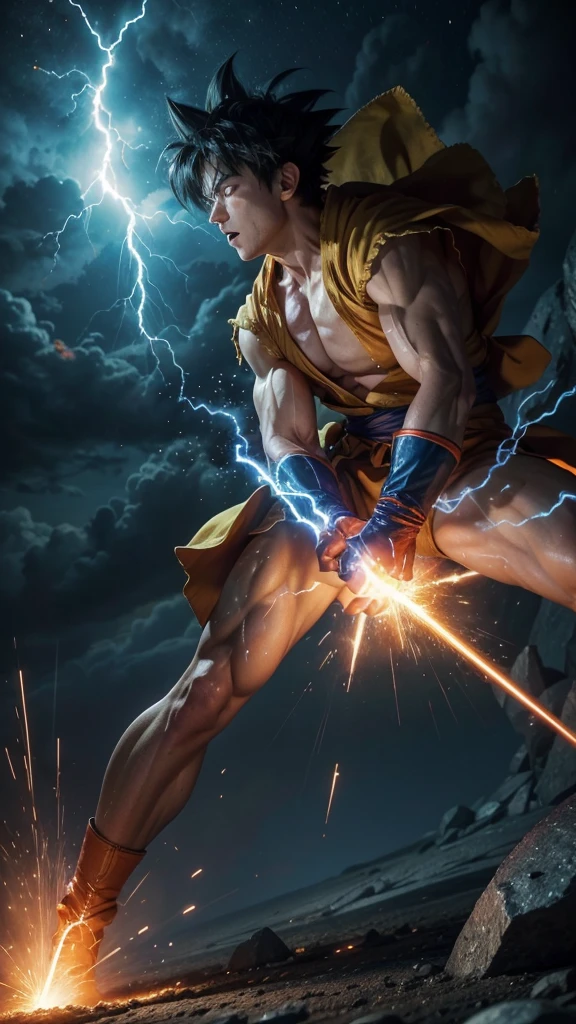An intense battle scene between Goku and Saitama, showcasing the clash of their incredible powers. Goku is in his Super Saiyan Blue form, his spiky hair glowing with a vibrant blue aura, and his eyes are focused with determination. His muscular physique is highlighted as he charges a powerful Kamehameha wave, the energy crackling in his hands, ready to be unleashed. He wears his iconic orange and blue gi, which flutters violently in the wind generated by their energy.
Opposite him stands Saitama, calm and composed, with his signature blank expression. His bald head shines under the intense light of the battlefield, and his yellow jumpsuit with a white cape flutters behind him. Despite the immense power being displayed by Goku, Saitama's stance is relaxed, his fist casually raised, ready to deliver a punch. His red gloves and boots contrast sharply with the bright energy surrounding them.
The background is a chaotic mix of shattered terrain, with rocks floating in the air due to the sheer force of their powers. The sky above them is split with lightning and swirling clouds, reflecting the immense energy of their confrontation. The intensity of the scene captures the moment just before their attacks collide, with both warriors exuding an aura of unstoppable power."