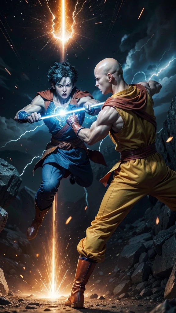 An intense battle scene between Goku and Saitama, showcasing the clash of their incredible powers. Goku is in his Super Saiyan Blue form, his spiky hair glowing with a vibrant blue aura, and his eyes are focused with determination. His muscular physique is highlighted as he charges a powerful Kamehameha wave, the energy crackling in his hands, ready to be unleashed. He wears his iconic orange and blue gi, which flutters violently in the wind generated by their energy.

Opposite him stands Saitama, calm and composed, with his signature blank expression. His bald head shines under the intense light of the battlefield, and his yellow jumpsuit with a white cape flutters behind him. Despite the immense power being displayed by Goku, Saitama's stance is relaxed, his fist casually raised, ready to deliver a punch. His red gloves and boots contrast sharply with the bright energy surrounding them.

The background is a chaotic mix of shattered terrain, with rocks floating in the air due to the sheer force of their powers. The sky above them is split with lightning and swirling clouds, reflecting the immense energy of their confrontation. The intensity of the scene captures the moment just before their attacks collide, with both warriors exuding an aura of unstoppable power."