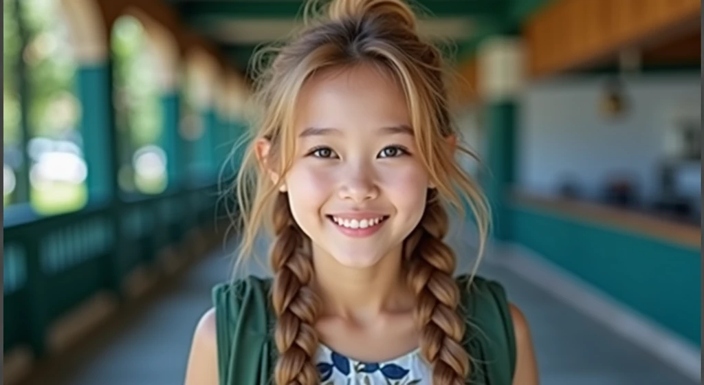 a young mixed asian woman with long wavy hair wearing a summer dress, sitting at a table, elbow on the table, smiling, (high detail skin:1.2), 8K UHD, Digital SLR, High quality, filmgrain, Fujifilm XT3, perfect figure, (beautiful woman:1.4), ((wavy hair)), RAW photo, rim lighting, dim lighting, perfect anatomy, anatomically correct, perfection proportions.