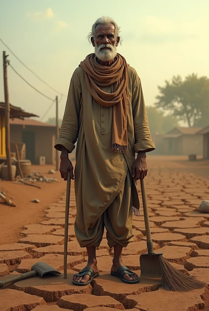 The Farmer's StruggleScene Description: A 3D depiction of a small, rural village with a farmer named Ramoo standing in his barren field under a harsh, sun-drenched sky. The field should look dry and cracked, illustrating the effects of a severe drought.Details: Include a few broken farming tools and a sad expression on Ramoo's face to emphasize the struggle and hardship.