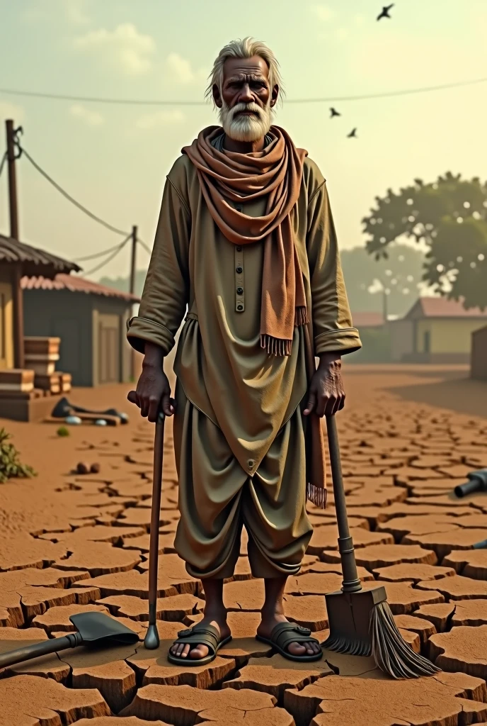 The Farmer's StruggleScene Description: A 3D depiction of a small, rural village with a farmer named Ramoo standing in his barren field under a harsh, sun-drenched sky. The field should look dry and cracked, illustrating the effects of a severe drought.Details: Include a few broken farming tools and a sad expression on Ramoo's face to emphasize the struggle and hardship.