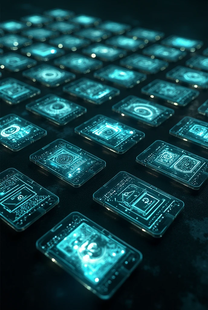 Hundreds of glass cell phones with various lines of Martian technology on a black background