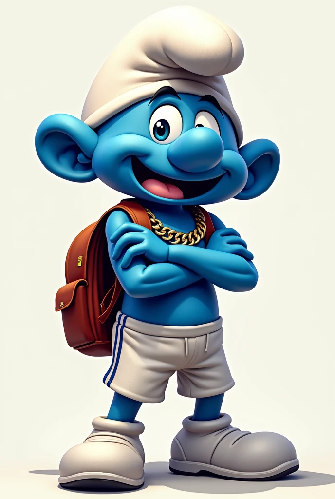 Create smurf mascot image, playboy face, with gold chain around his neck, backpack on back, with futsal player shorts, and arms crossed